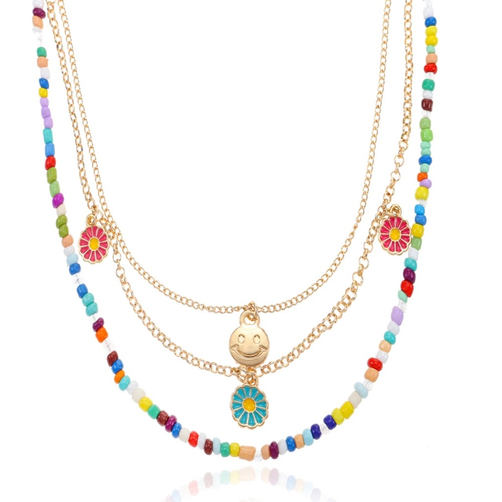 Girls Necklace Set Gold-tone and Multicolored Beads With Smiley Face.